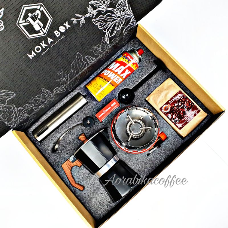 TK MS68-ชุด Moka Box หม้อต้ม Moka pot 6 cup+ที่บดสแตนเลส+เตาแก๊ส​กลีบบัว+ช้อน+แก๊ส+กระดาษกรอง+กาแฟ