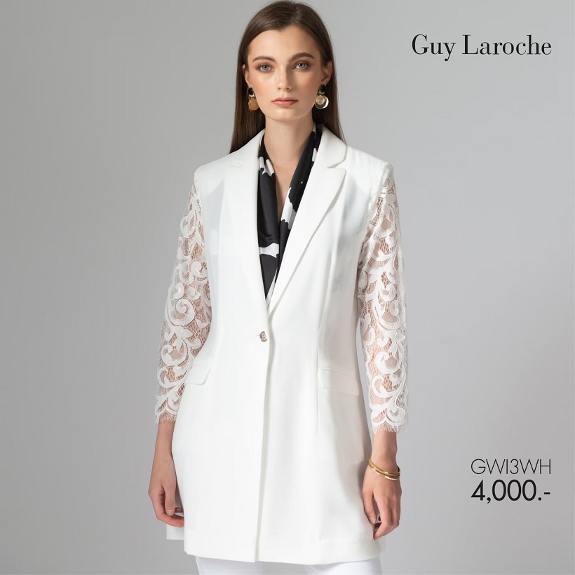 Guy Laroche 999 Shape Up Tunic Lace Sleeve Jacket สูทตัวยาว สูทแต่งลูกไม้ สูทสีขาว (GWI3WH)