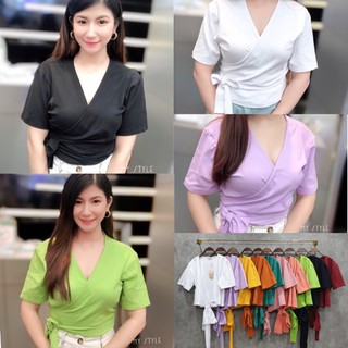 เสื้อ zaraเสื้อครอปคอวีป้ายหน้าผูกโบว์ข้าง อก36-60 เสื้อสาวอวบ เสื้อคอวีแขนสั้นทรงป้ายหน้า งานป้าย เสื้อยืดแขนสั้นสาวอวบ