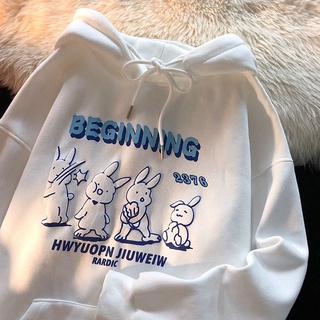 Massimo เสื้อแขนยาว เสื้อแขนยาวผู้หญิง เสื้อฮู้ด การ์ตูนญี่ปุ่นกระต่ายบวกกำมะหยี่ 082502