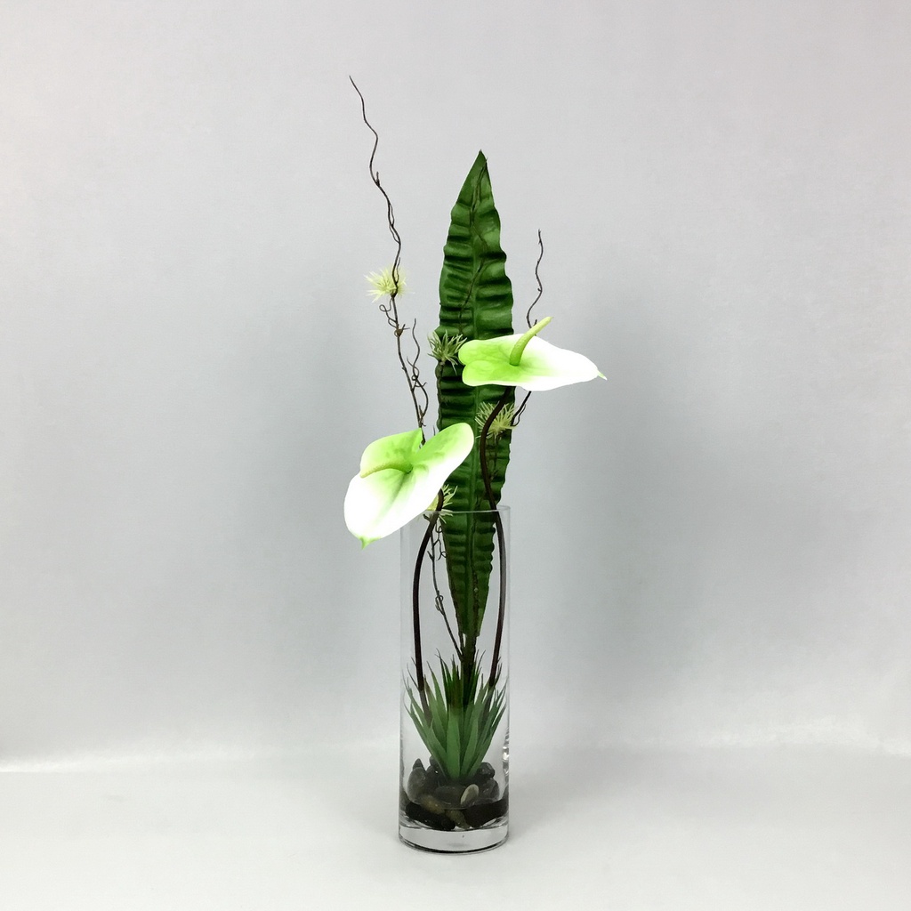 OrientalFineArt แจกันดอกไม้แต่งบ้าน ดอกหน้าวัว Anthurium ในแจกันแก้วใสทรงกระบอกสูง