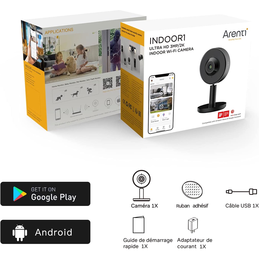 Arenti INDOOR1 2K/3MP Ultra HD กล้องวงจรปิด2.4G Wi-Fi พร้อมระบบตรวจจับการเคลื่อนไหวและเสียงของมนุษย์ ความถี่เสียงสองมิศ