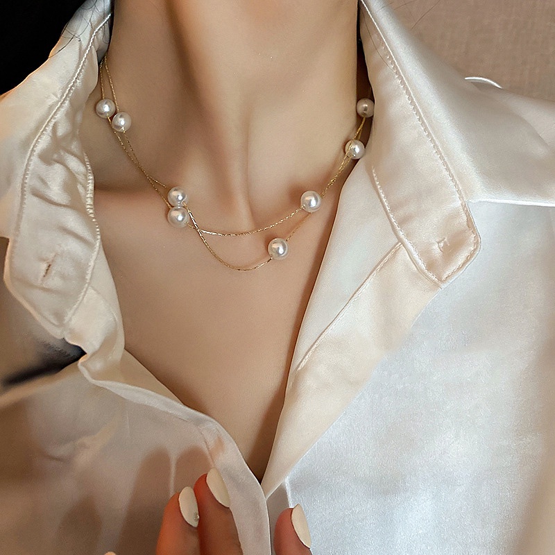 ใหม่ สายโซ่ สองชั้น ประดับไข่มุก แฟชั่นเรียบง่าย