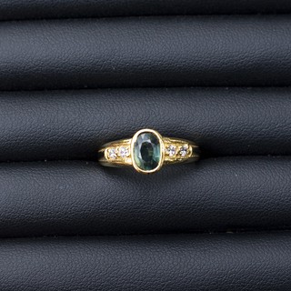 แหวนพลอยเขียวส่องจันทบุรี(Green Sapphire)เรือนเงินแท้92.5% ชุบทอง พลอยสวยสะอาด สีเขียวก้านมะลิ ไซส์นิ้ว 55 หรือเบอร์ 7US