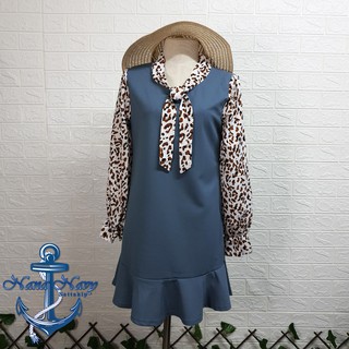 [Sale] เดรสสั้นสีฟ้าเขียวแต่งแขนลายเสือ (ฟ้า น้ำตาล)
