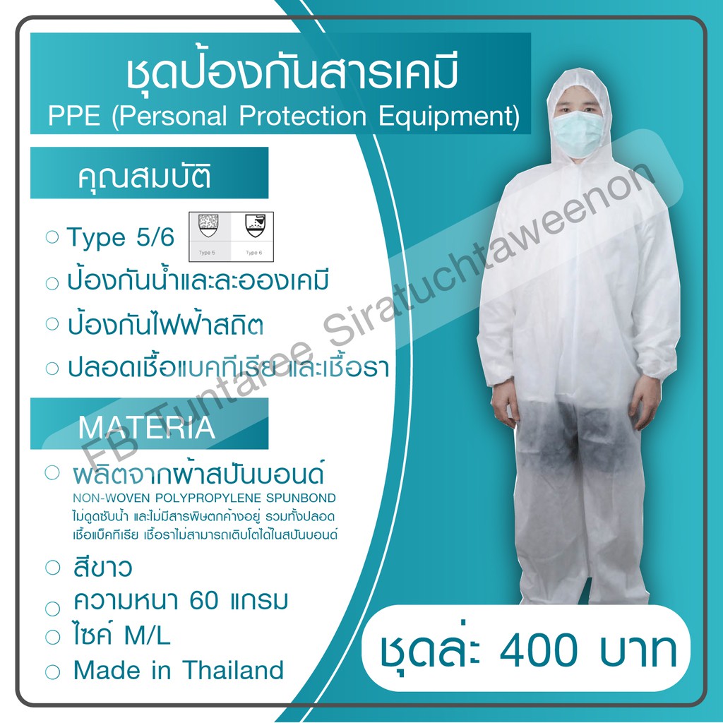 ชุด PPE Type 5/6.  ผ้า สปันบอนด์ หนา 60 แกรม คละไซค์