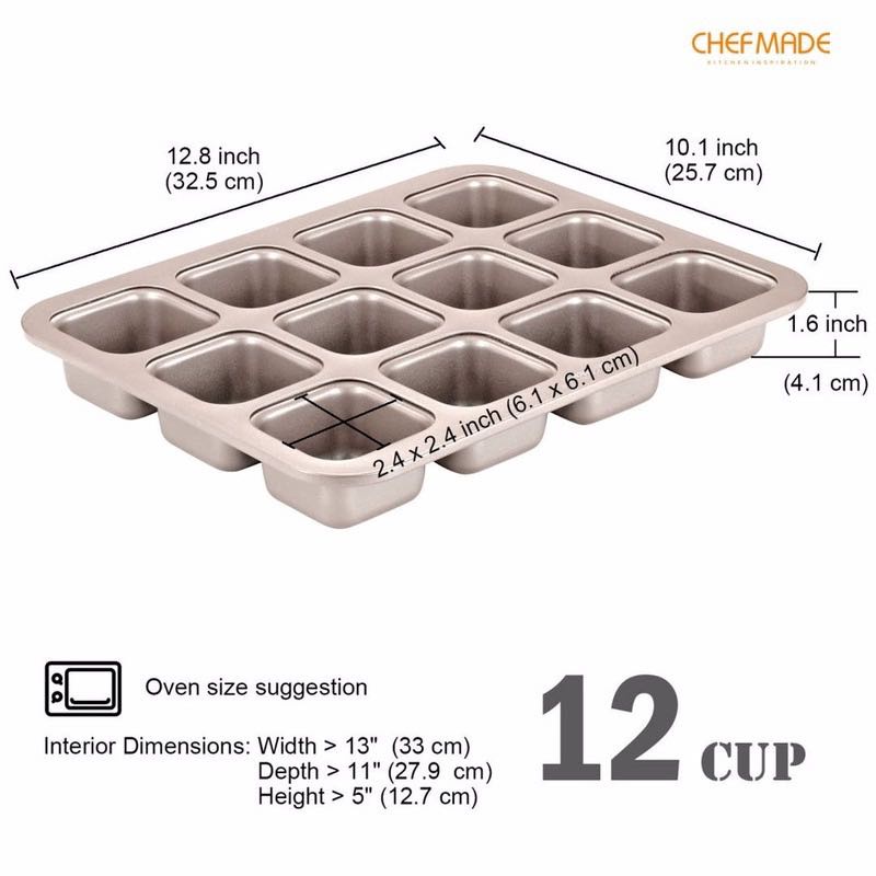 Chefmade WK 9149 พิมพ์สี่เหลี่ยม 12 หลุม เคลือบเทฟลอนสีทอง