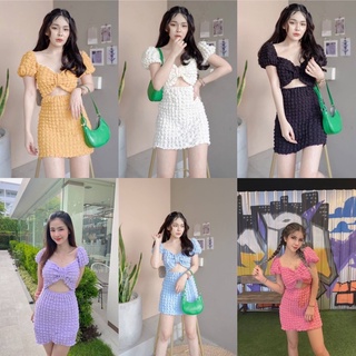 mini dress มินิเดรส ผ้าปอปคอน โบว์หน้า แหวกเอว