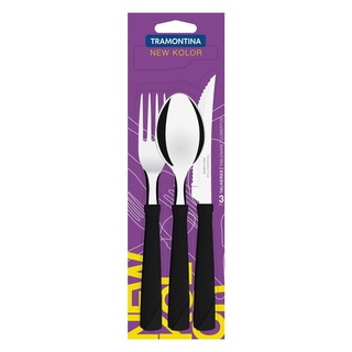 Tramontina ช้อนส้อมสแตนเลส ชุด 3 ชิ้น รุ่น New Kolor stainless steel flatware set with black polypropylene handles 3 pcs