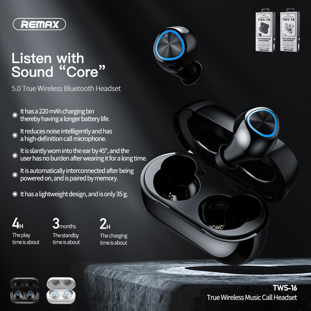 Remax หูฟังบลูทูธ ไร้สาย True Wireless Earphone For Music & Call รุ่น TWS-16