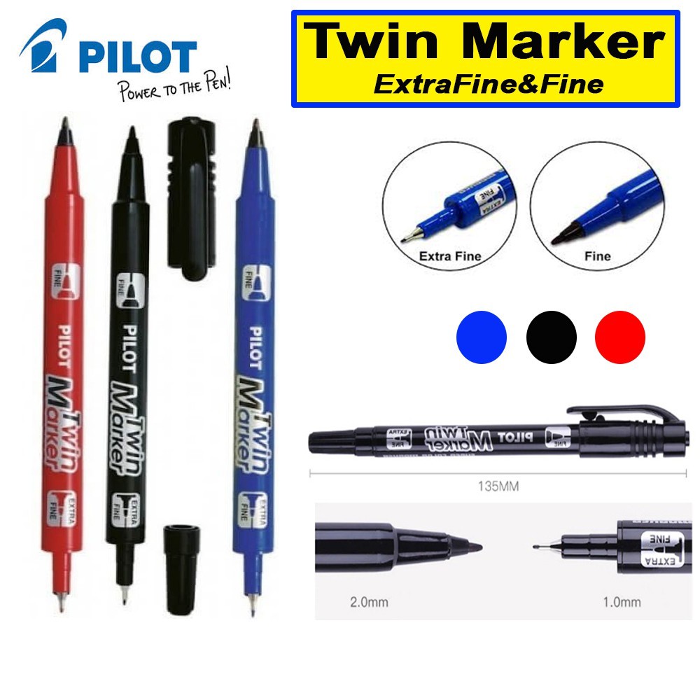 ปากกามาร์กเกอร์ Pilot Twin (Fine / Extra Fine) สีดํา น้ําเงิน แดง