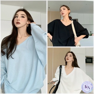 🎏Korea NEW เสื้อยืดแขนยาวคอวี ทรงตัวใหญ่แบบเท่ๆ สีพื้นมินิมอล 3 สี