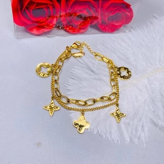 สร้อยข้อมือ ชุบทอง 18K จี้ใบโคลเวอร์สี่แฉก สองชั้น นําโชค แฟชั่นสําหรับผู้หญิง ของขวัญ
