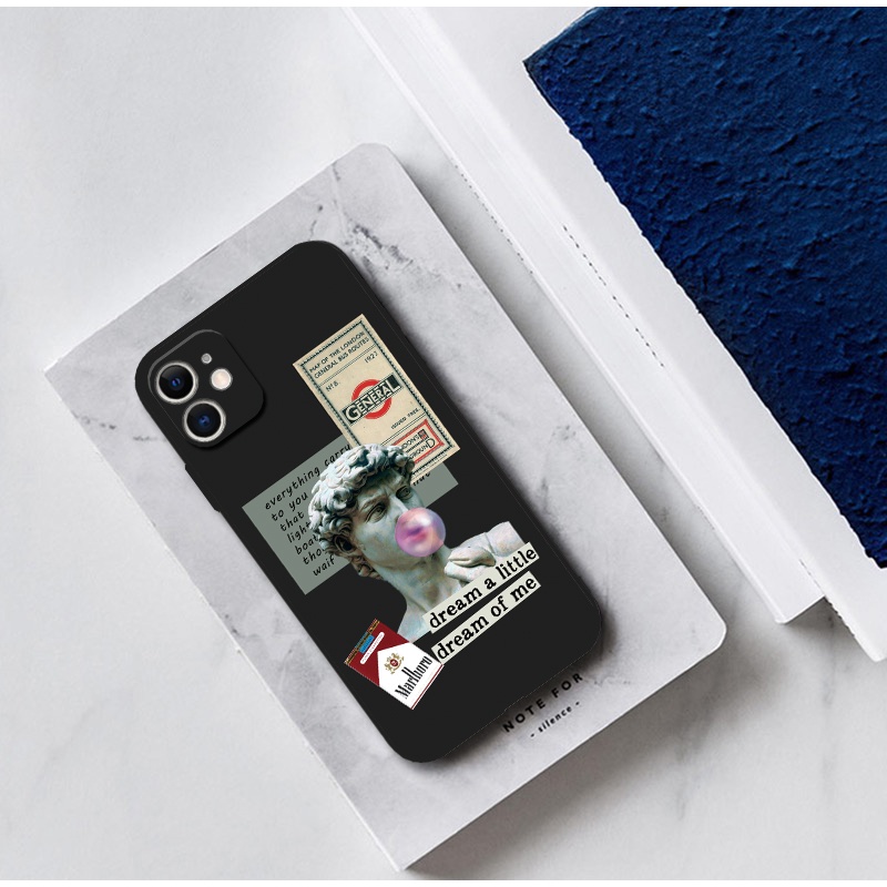 เคสป้องกันโทรศัพท์มือถือ แบบนิ่ม ลายประติมากรรม สีดํา สําหรับ iPhone 11 12 Pro Max Xr 6s 7 8 Plus 13 mini 14 15 Pro Xs Max Se3