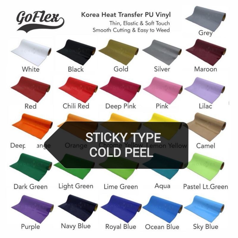 (STICKY Type) GoFlex Korea Heat Transfer PU Vinyl (50cm) - [ชุดสี 1] สําหรับการพิมพ์เสื้อยืดกดความร้