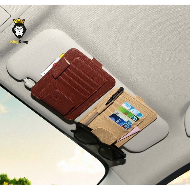 ที่เก็บบัตร ใส่เงิน ติดกับที่บังแดดในรถยนต์ ที่เก็บแว่น เก็บของได้หลากหลาย (หนังวัว)