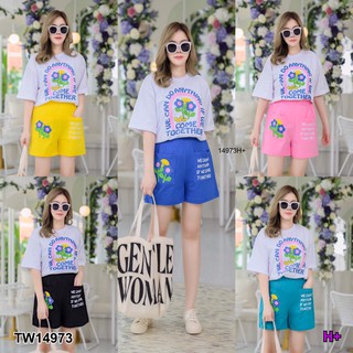 PP14973 Set #สาวอวบ เสื้อยืดสกรีนลายดอกไม้+กางเกงขาสั้นกระเป๋าหน้า