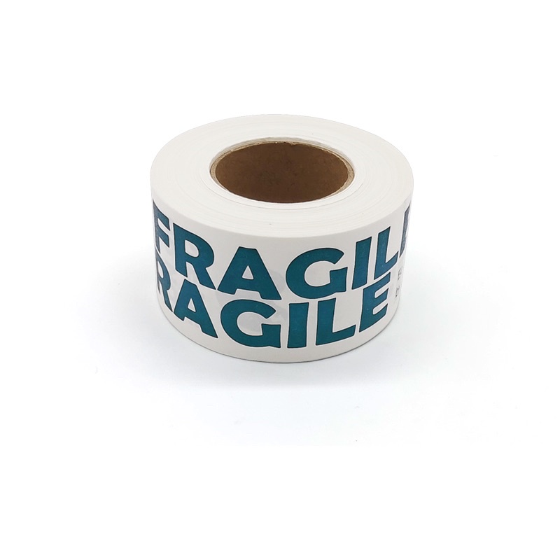 Water activated tape | White & Blue Green Fragile Smooth เทปกาวน้ำพิมพ์ลาย หมึกถั่วเหลือง (ใช้น้ำในก