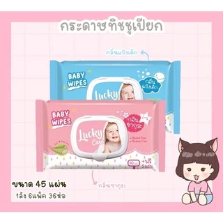 [1 แพ็ค 6 ห่อ] กระดาษทิชชู่เปียก Lucky Care ขนาด 45 แผ่น ไม่มีแอลกอฮอล์ และ พาราเบน