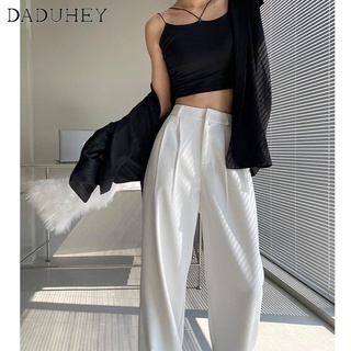 DaDuHey💕 Womens White Plus Size Korean Style Summer New High Waist Straight Wide Leg Pants