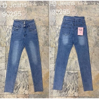 G.D.Jeans รุ่น 90295#กางเกงยีนส์ขายาวผ้ายืดเอวสูงสียีนส์ฟ้าแต่งมุกรอบขอบเอวแบบเก๋ๆ