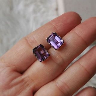 💜Amethyst  Earring💜 ต่างหูพลอยอเมทิสต์ทรงเหลี่ยม​ ตัวเรือน​เงิน​แท้​