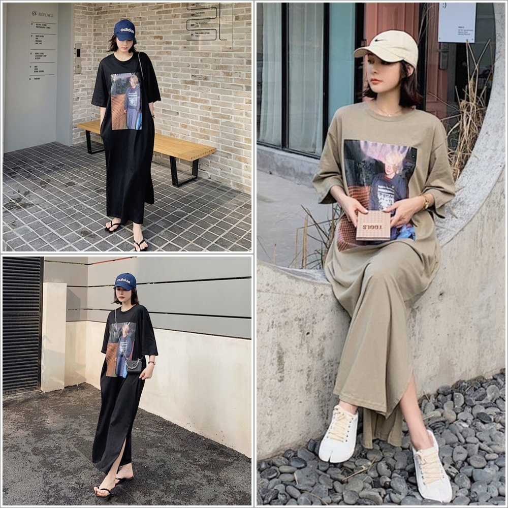 ราคาถูกที่สุด เดรสยาวทรงตรงโอเวอร์ไซส์ สกรีนลายภาพถ่ายผู้ชาย คอกลมแขนสั้น