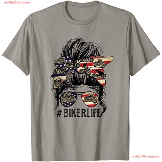 แฟชั่นที่กำหนดเอง แฟชั่นสบายๆ เสื้อ Womens Biker Life Messy Bun Hair Flag 4th Of July Motorcycle T-Shirt Cotton เสื้อยืด