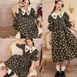 Maxidress เดรสคอบัวลายดอกไม้ แขนตุ๊กตา โทนสีดำ เดรสกระโปรง เดรสแขนตุ๊กตา เดรสคอกลม งานป้าย