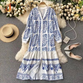 ✨Bohemian Dress ✨✨  แม็กซี่เดรส ผ้าพิมพ์ลายโบฮีเมี่ยนTD428