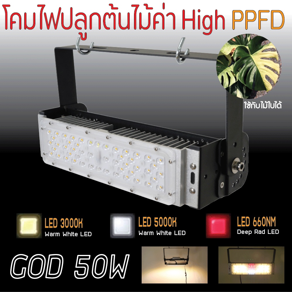 [พร้อมส่ง]🍀ไฟปลูกต้นไม้🍀 50W LED Grow Light AC 220V  โตเร็ว ทันใช้ ปลูกพืช ไม้ใบ มอนเตอร่า ไฟสีเหลือง3250K มีLED 660nm