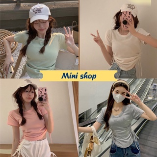 Mini shop🌸พร้อมส่ง🌸 (6A302) เสื้อไหมพรมแขนสั้น คอกลม ดีเทล ลายรูดปรับสั้นยาวได้2ข้าง