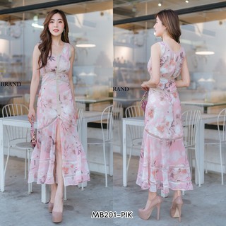 (2XL) ชุดเดรสยาวลายดอกคอวี สีชมพู IMB201