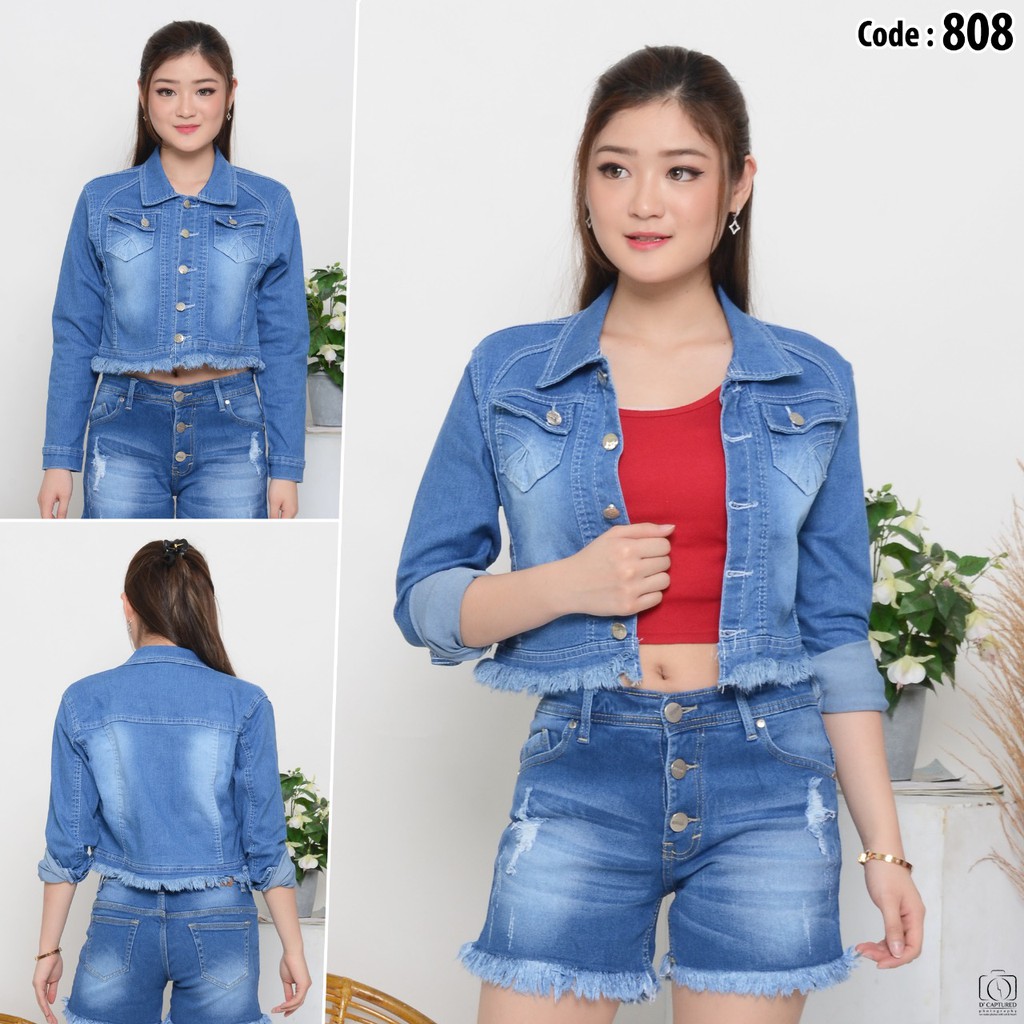 MC girl Rawis Short Body Jeans Jacket / Tassel Crop Jeans Jacket / แจ็คเก็ตยีนส์ / เสื้อแจ็คเก็ตยีนส