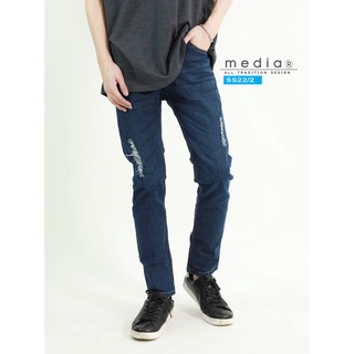 กางเกงยีนส์ ยืด ผู้ชาย ทรงกระบอกเล็ก สีน้ำเงิน เจียขาดบางๆ MEDIA JEANS (SN:SS22/2)