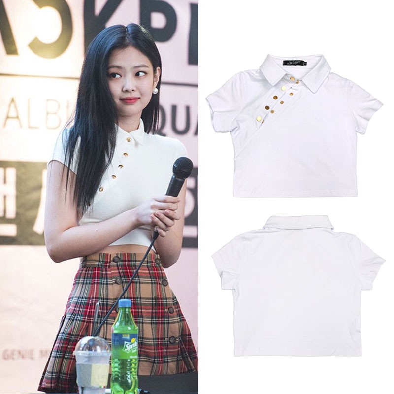 Ready Stock Blackpink Jennie Slim Short Shirt Ins Sexy Polo Neck Crop Top Shopee Thailand 