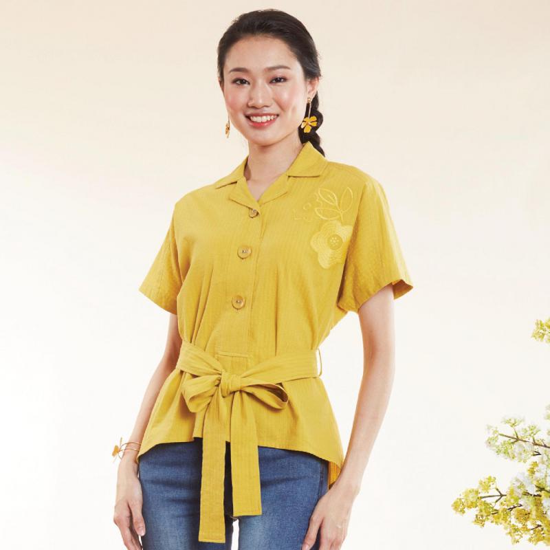 C&D เสื้อผู้หญิง Cotton Blouse เสื้อเบลาส์ มีปก ดีเทลผูกเอว (CS2AYE)