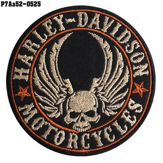 อาร์มติดเสื้อHARLEY DAVIDSON ลายหัวกะโหลกมีปีก วงกลม อาร์มติดเสื้อฮาเล่ย์ลายหัวกะโหลกมีปีก  สินค้าผลิตในไทยพร้อมจัดส่ง