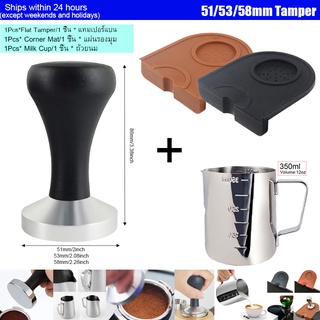 ค้อนทุบผงกาแฟ ด้ามจับไม้ ขนาด 51 มม. 53 มม. 58 มม. พร้อมถ้วยนม และแผ่นรองมุมซิลิโคน 3 ชิ้น