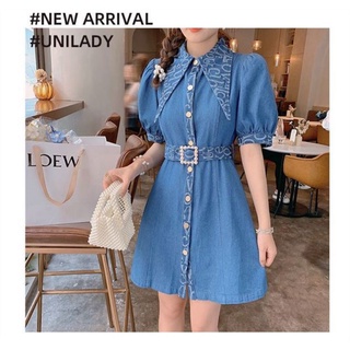 Dolly Jeans Dress S M เดรสยีนส์ เดรสแขนตุ๊กตา เดรสเกาหลี เดรสเชิ้ต กระดุมหน้า พร้อมเข็มขัด ทอลาย เดรสเที่ยว เดรสทำงาน