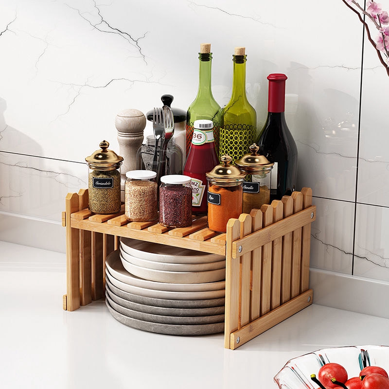 Bamboo Rack Organizer Kitchen Spice Rack Condiments Organizer 2-Tier ...