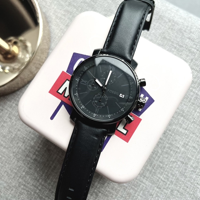 👑ผ่อน0%~แท้100%👑 นาฬิกาข้อมือ Fossil BQ1703 Men's Black Leather Strap Black Dial Chronograph Watch