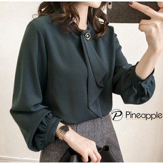 เสื้อแฟชั่นหญิงเสื้อเบลาส์ผ้าชีฟองแขนยาว Lantern Sleeve Tie Blouse 497