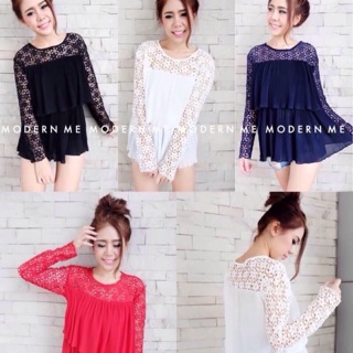 พร้อมส่ง พรุ่งนี้ค่ะ  เสื้ออัดพีสทรง Oversize แต่งระบาย2ชั้นงานตัดต่อซีทรูลูกไม้สุดไฮ งานใส่ได้ทุกโอ