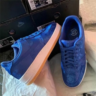 ☌✑AF1 Air Force CLOT joint ผ้าไหมรองเท้าผ้าใบต่ำสุดรองเท้าบุรุษและสตรีผ้าไหมสีฟ้ารองเท้าลำลอง EDC