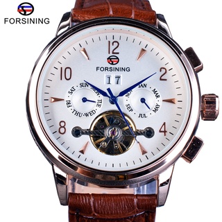 Forsining Classic Tourbillion Design Genuine Brown Leather Strap Calendar Display Mens Watches Top Brand Luxury Automati