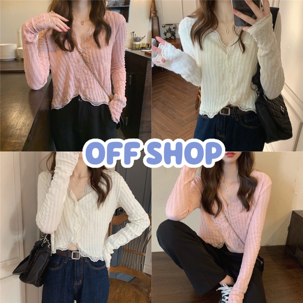 OFF SHOP พร้อมส่ง (OFF-8K43) เสื้อไหมพรมแขนยาวคอวี ผ้าลายเล็กๆซีทรูเบาๆ สีน่ารักมาก