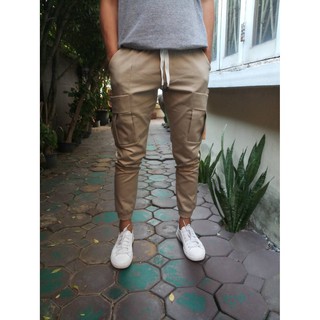 กางเกงขายาวผู้ชาย กางเกง Jogger Pants เบจสายขาว