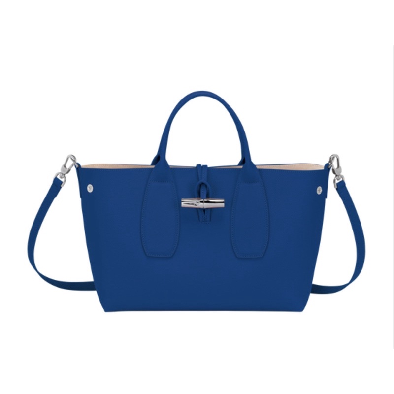 (รุ่นใหม่ หนังแท้ ของแท้ 100%) กระเป๋า Longchamp Roseau Blue Top Handle M