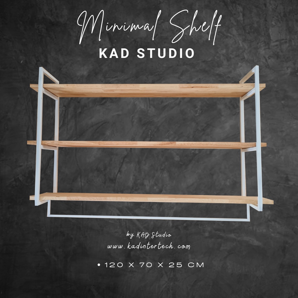 KADStudio ชั้นวางของติดผนัง 3 ชั้น ยาว 120 ซม. งานเหล็กสีขาว แผ่นไม้แท้สีใส งานคุณภาพแบบวินเทจสไตล์ 